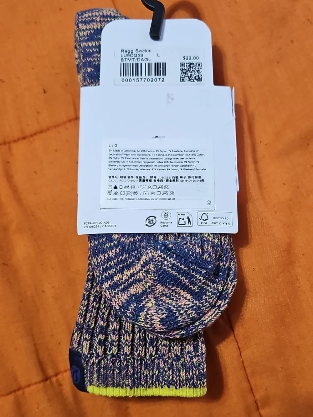 Lululemon Ragg Socks!! Nwts, Crew Length! 1 Pair, Sz Large!! BTMT/DAGL